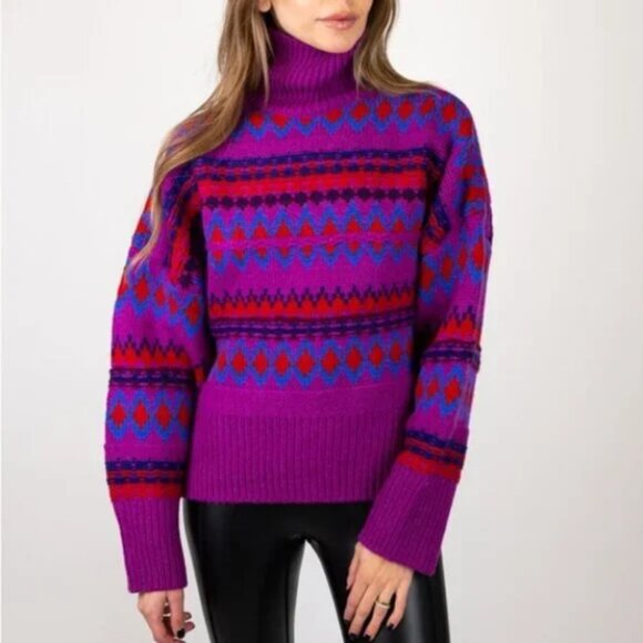 Rag and Bone Willow Wool Fair Isle Turtleneck Sweater Purple Size M - Picture 1 of 11